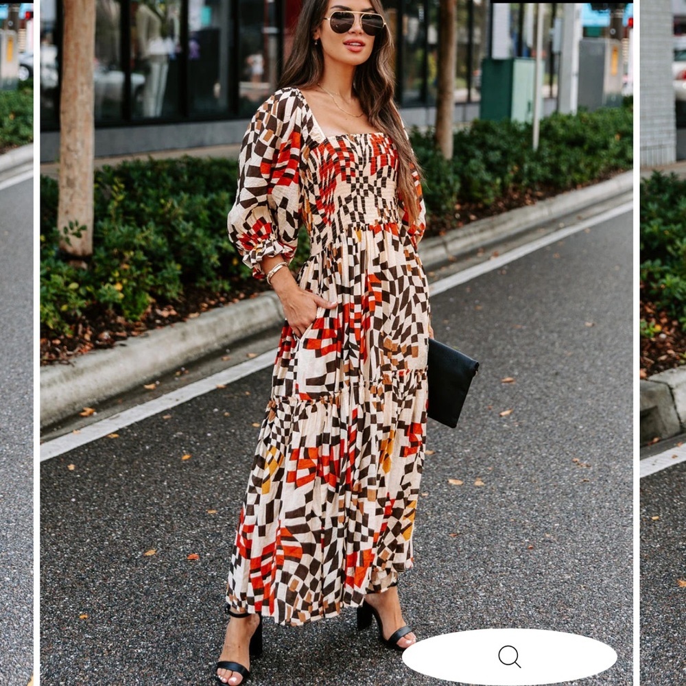 Fate Printed Pocketed Smocked Midi Dress Brown Multi Puffy Sleeves Square Neck M